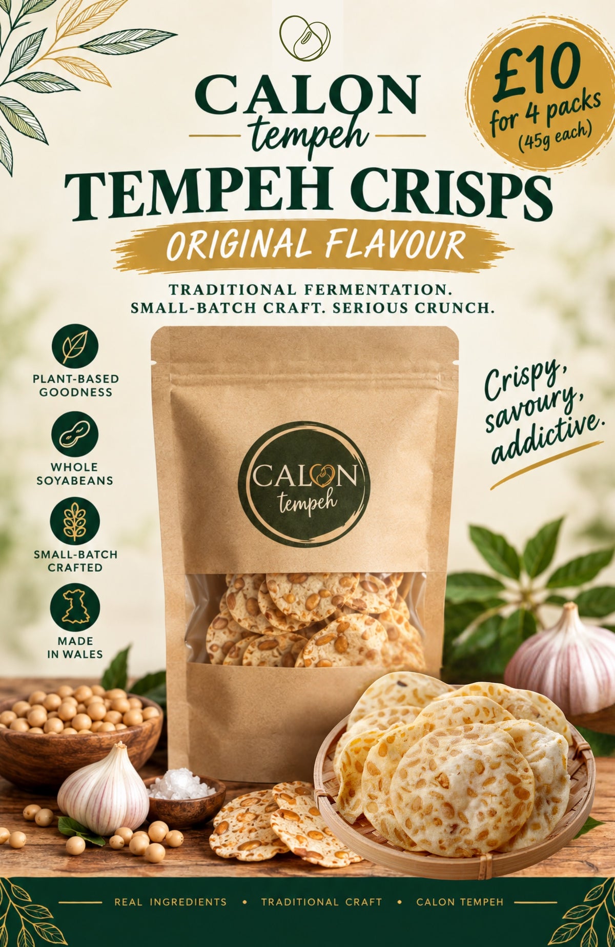 A package of Calon Original Tempeh Crisps / tempe chips shown on a styled background with garlic, soyabeans, and loose crisps. The kraft paper bag has a clear window showing the crumb-coated tempeh inside.