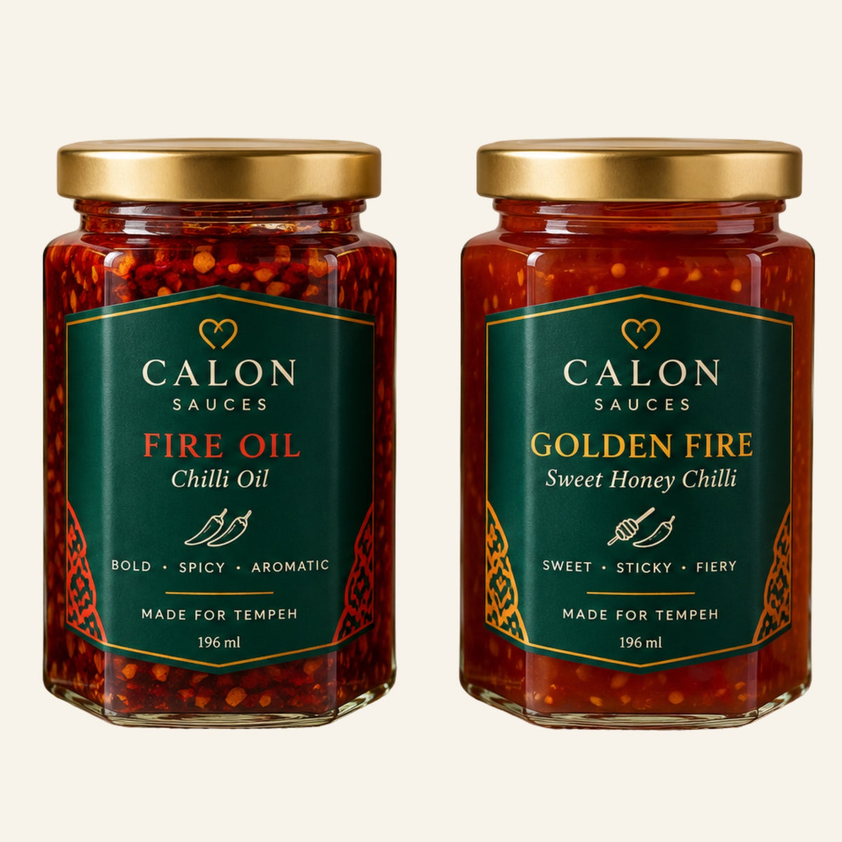 2 flavours of Calon Tempeh Sauce, FireOil and GoldenFire. Perfect for cooking with fresh tempeh.