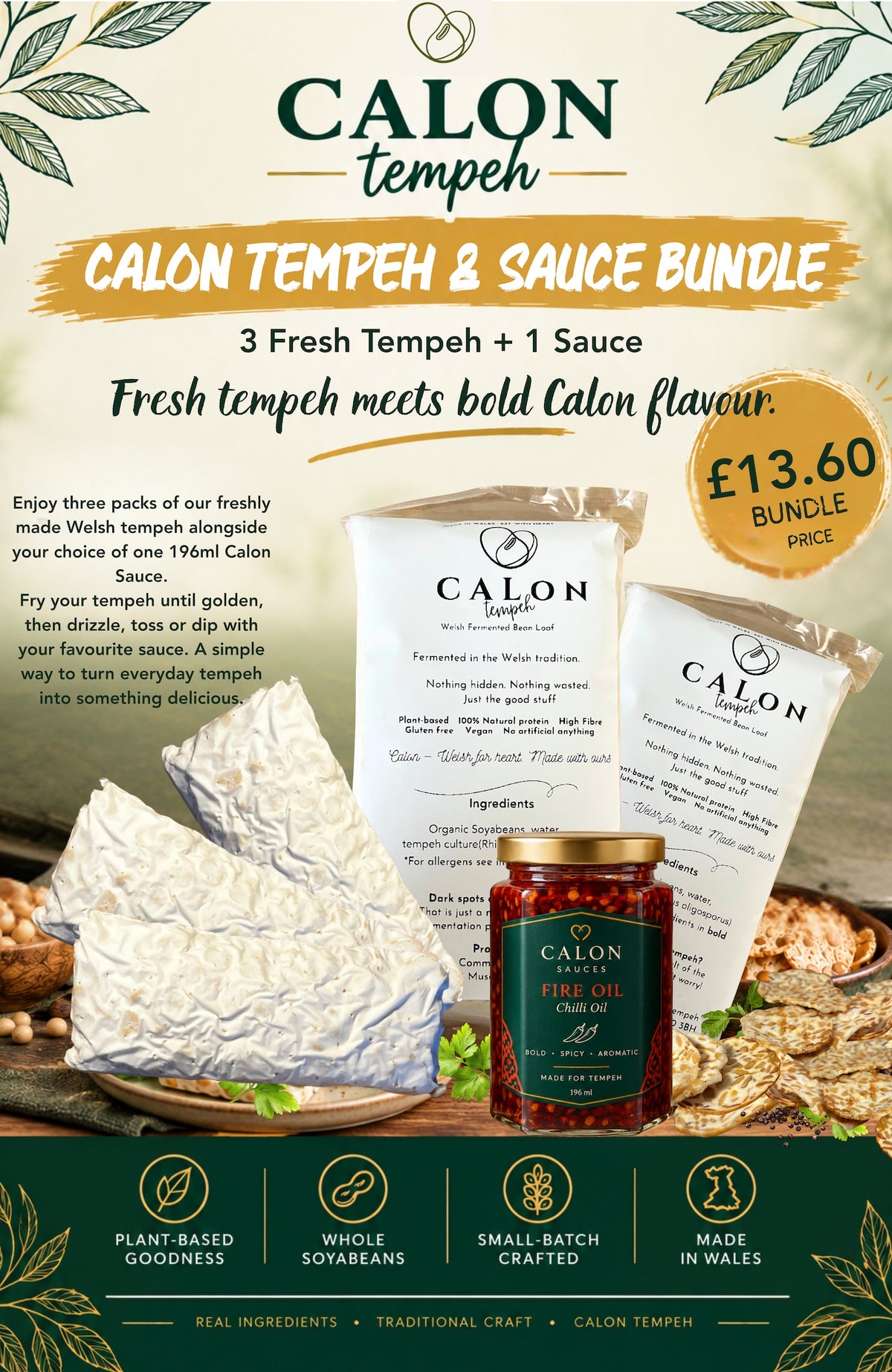 Promotional graphic for the Calon Tempeh and Calon Sauce Bundle, featuring three fresh tempeh cubes and a glass jar of Calon Tempeh Sauces Fire Oil Chilli Oil