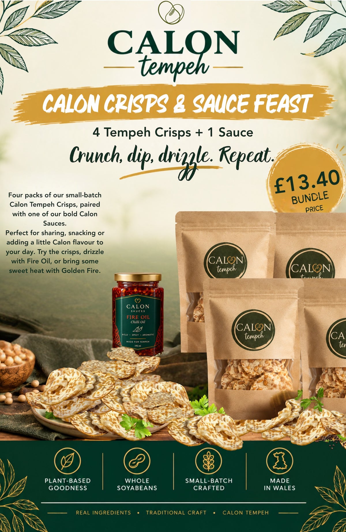 Promotional graphic for the Calon Tempeh Crisps and Sauce Feast, featuring four small-batch tempeh crisps in brown paper bags on a styled wooden board, and a glass jar of Calon Tempeh Sauces Fire Oil Chilli Oil