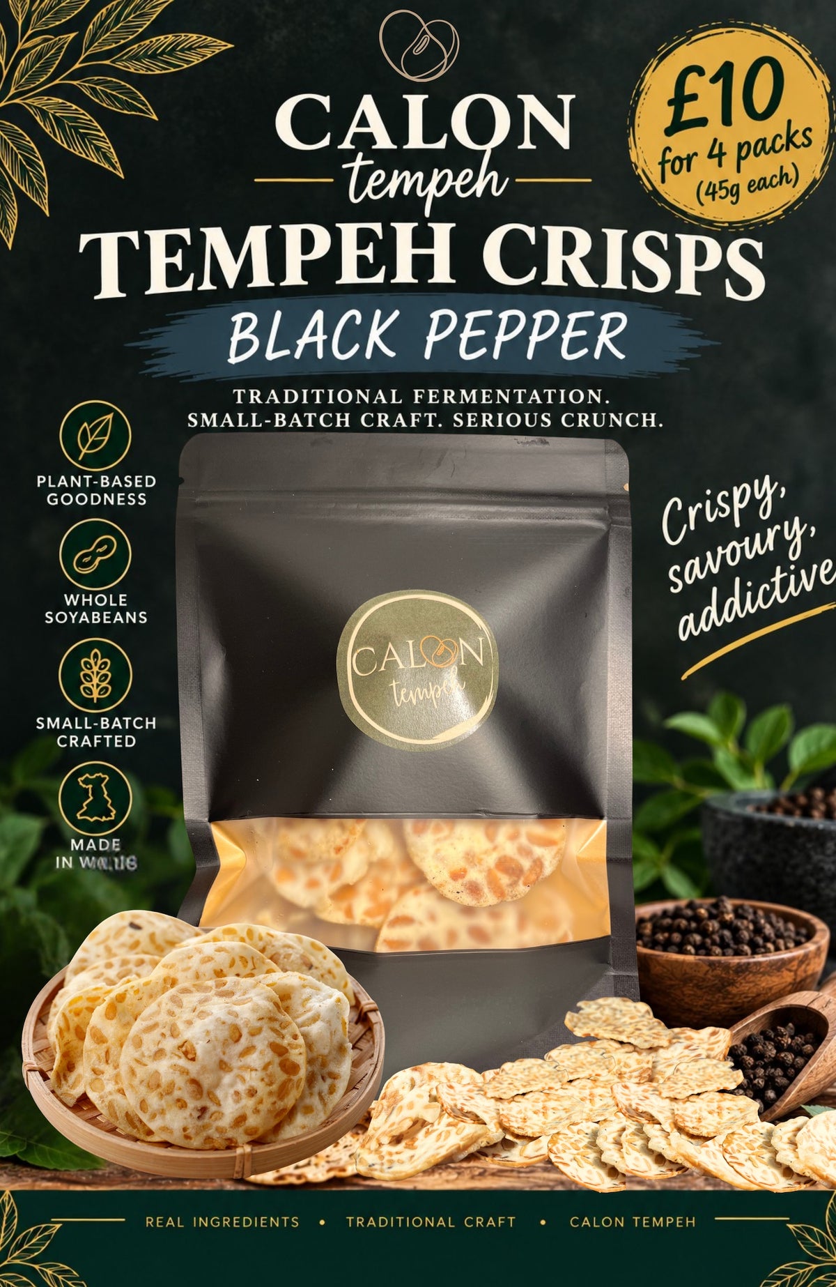 Calon Tempeh Crisps / tempe chips Black Pepper packaging and product display on a dark textured background, with a stand-up pouch, loose tempeh crisps / tempe chips  in a bowl, peppercorns, and ingredient icons. Visible brand: Calon Tempeh.