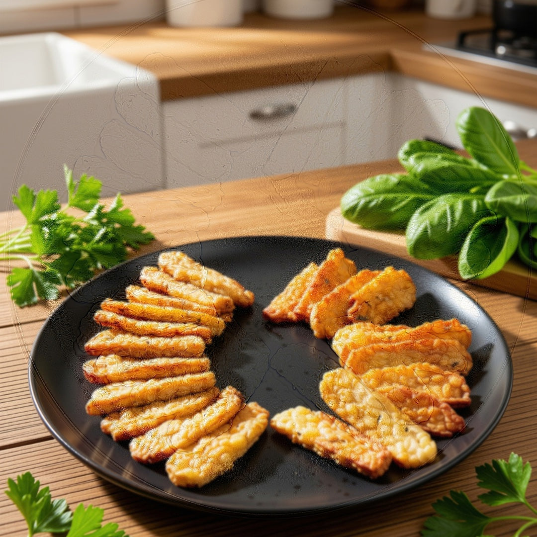 Golden-brown crispy fried tempeh strips arranged on a black plate on a wooden table, with fresh green herbs and a blurred kitchen background.