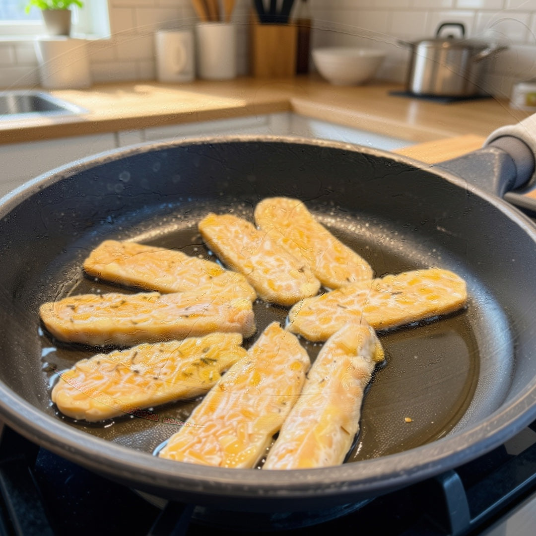 Several golden-brown fried fresh tempeh strips are cooking in a black frying pan on a stovetop in a real kitchen setting.