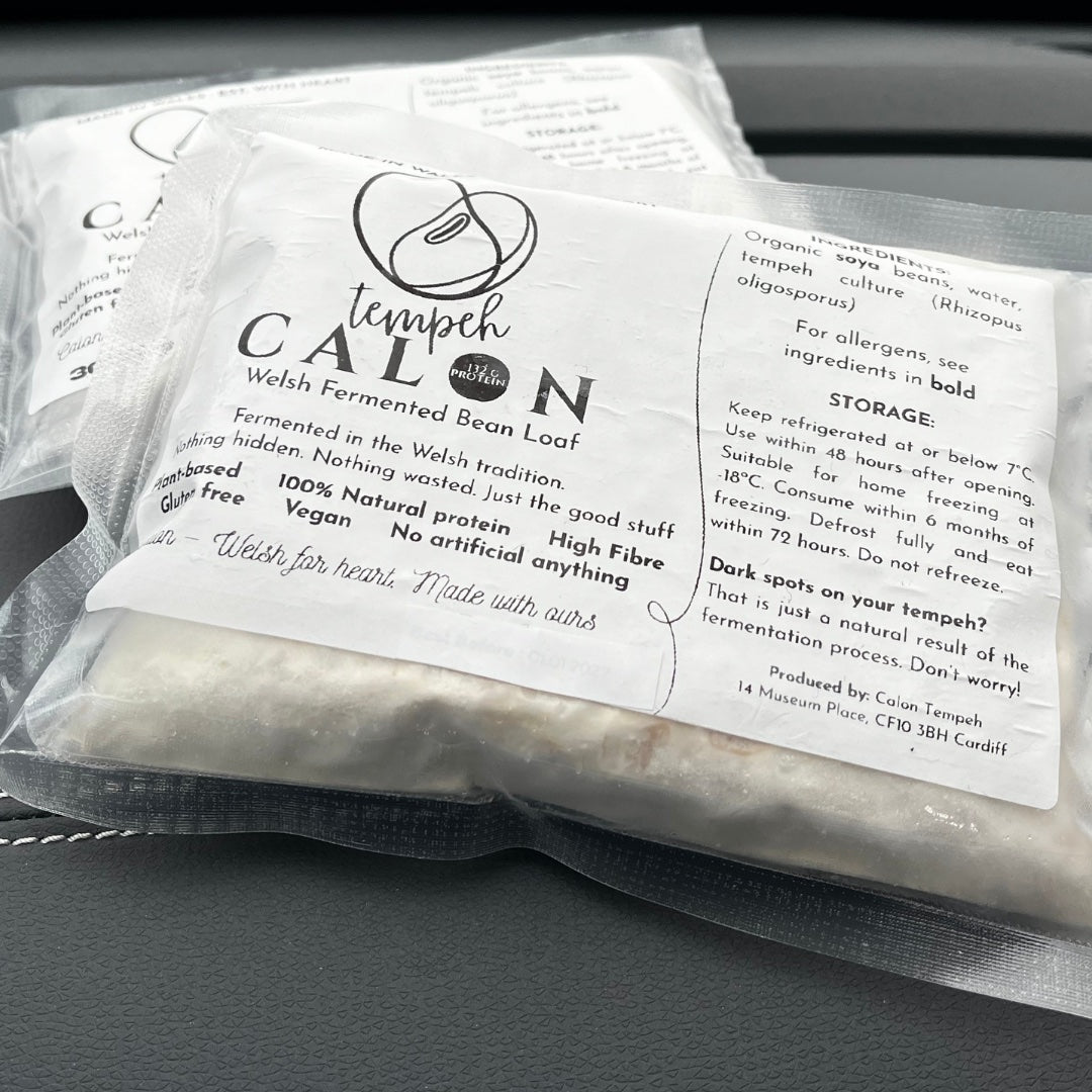 A picture showing packs of fresh tempeh. Calon Tempeh. 