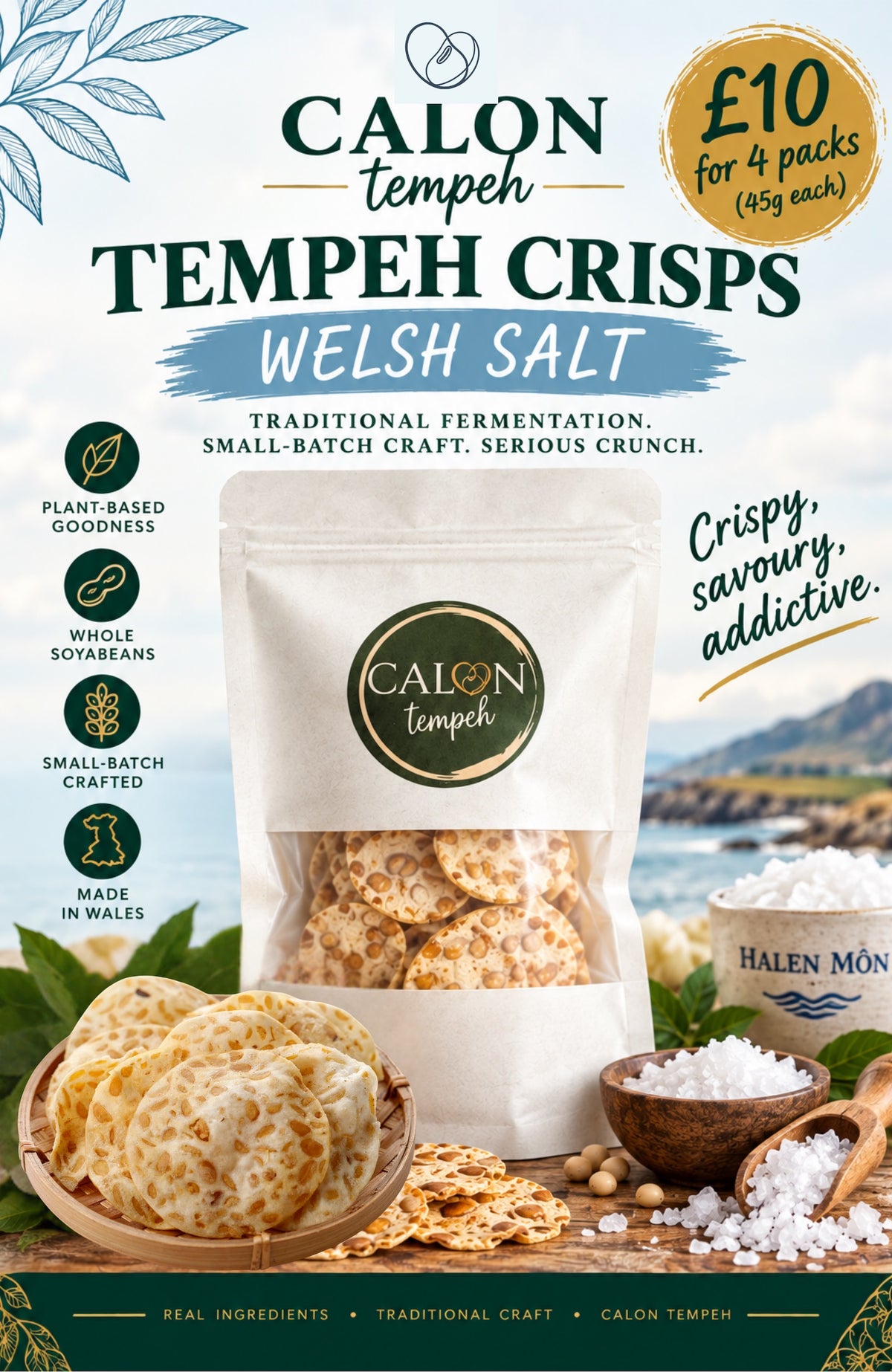 Calon Tempeh Crisps / tempe chips Welsh Salt. The central subject is a stand-up pouch of the product, flanked by bowls of the round tempeh crisps / tempe chips , coarse salt, and spices.