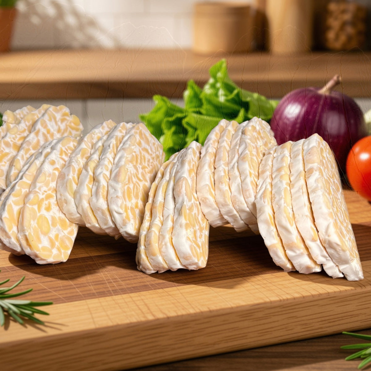 Sliced fresh tempeh bars arranged on a wooden cutting board with fresh vegetables like lettuce, red onion, and tomato in a kitchen setting.