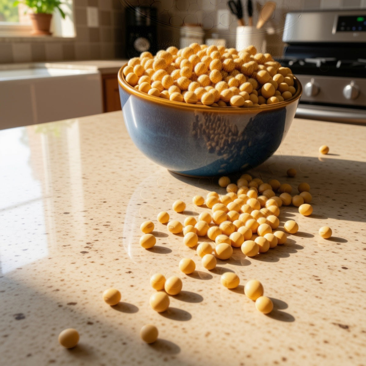 A blue ceramic bowl filled with yellow soybeans / soyabeans sits on a speckled beige kitchen countertop, with several soybeans scattered around it in warm natural light. In preparation to make fresh tempeh and tempeh crisps /  tempe chips.