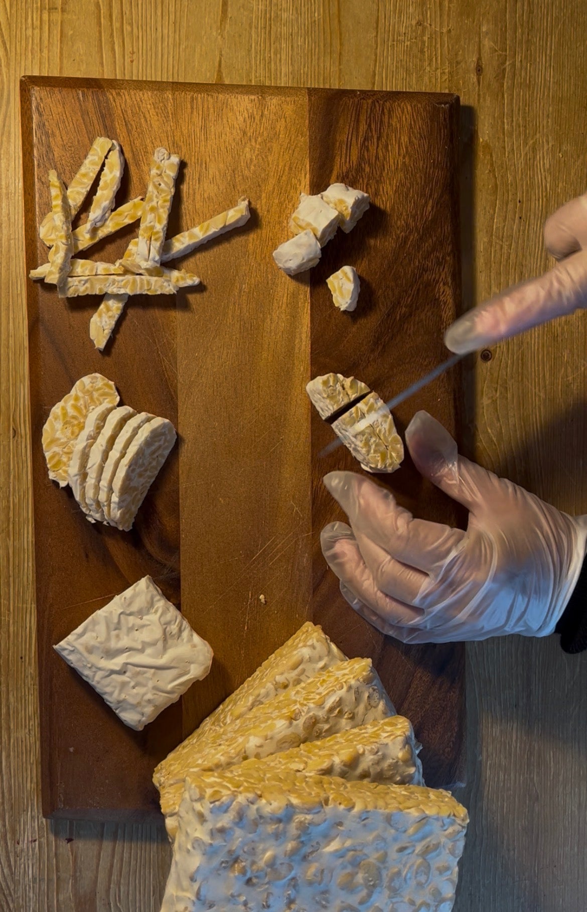 A close-up of hands wearing clear disposable gloves holding cutting fresh tempeh into different shapes. You can see a fine white network of mycelium grows through the beans and binds them together.