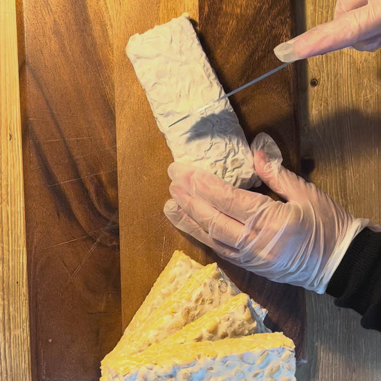 A video showing the cutting of fresh tempeh. You can a fine white network of mycelium grows through the beans and binds them together.