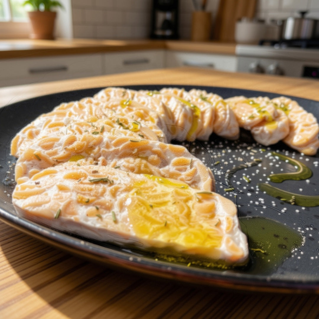 Slices of fresh tempeh arranged on a plate., seasoned with Olive oil , salt and a bit of herbs